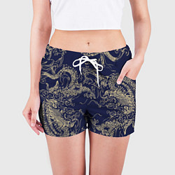 Шорты женские Золотые драконы на синем, цвет: 3D-принт — фото 2