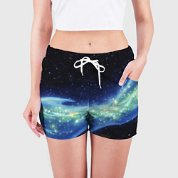 Шорты женские Синяя волна с зеленым оттенком на черном, цвет: 3D-принт — фото 2