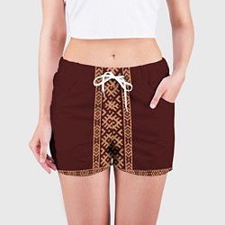 Шорты женские Золотой узор на бордовом - вышиванка рубаха, цвет: 3D-принт — фото 2