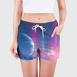 Шорты женские Неоновый космос северного сияния, цвет: 3D-принт — фото 2