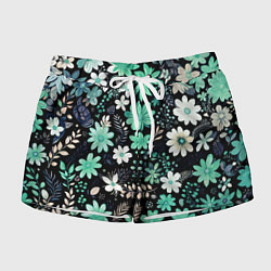 Женские шорты Чёрный в зелёный цветочек стилизованный