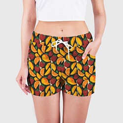 Шорты женские Ягоды и фрукты в паттерне: малина манго апельсин, цвет: 3D-принт — фото 2