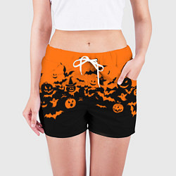 Шорты женские Хэллоуин тыквы и призраки, цвет: 3D-принт — фото 2