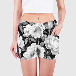 Шорты женские Чёрно-серый цветочный паттерн, цвет: 3D-принт — фото 2