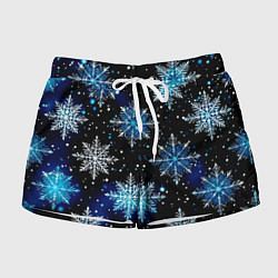 Шорты женские Стилизованный чёрно-синий со снежинками, цвет: 3D-принт