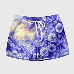 Шорты женские Сине-сиреневый цветы на фоне облаков, цвет: 3D-принт