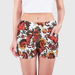 Шорты женские Красный конь в стиле татуировки, цвет: 3D-принт — фото 2
