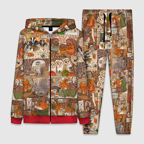 Женский костюм Коллаж из сказочных зверей - совы, белки, ёжики / 3D-Красный – фото 1