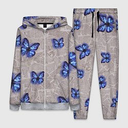 Женский 3D-костюм Газетные обрывки и синие бабочки, цвет: 3D-меланж