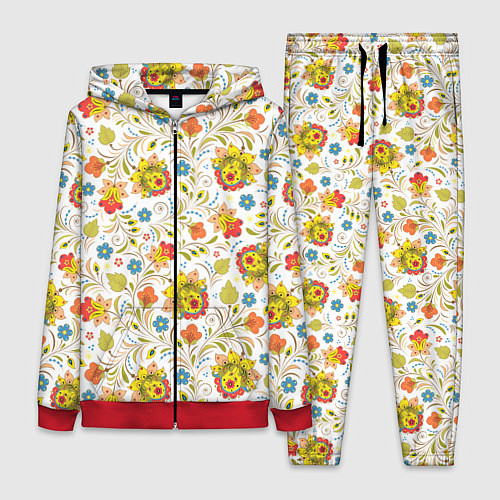 Женский костюм Хохломская роспись разноцветные цветы на белом фон / 3D-Красный – фото 1