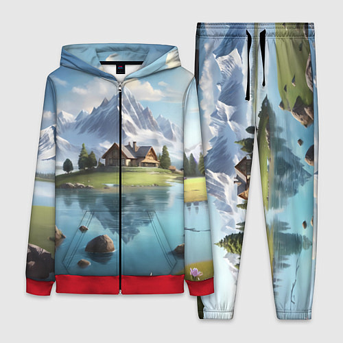 Женский костюм Чудесный день на берегу озера в горах / 3D-Красный – фото 1