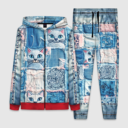 Женский костюм Кошки на пэчворк джинсах паттерн / 3D-Красный – фото 1