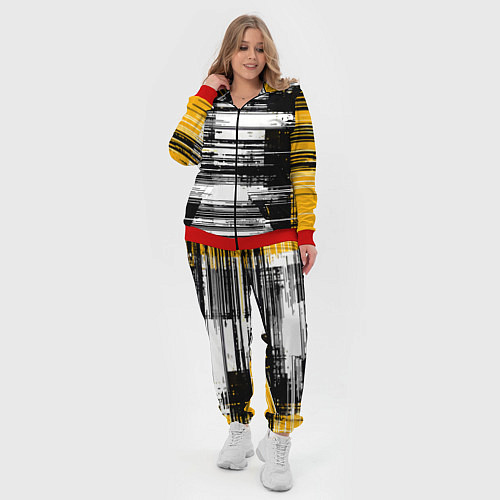 Женский костюм Горизонтальные чёрные линии на бело-жёлтом фоне / 3D-Красный – фото 4