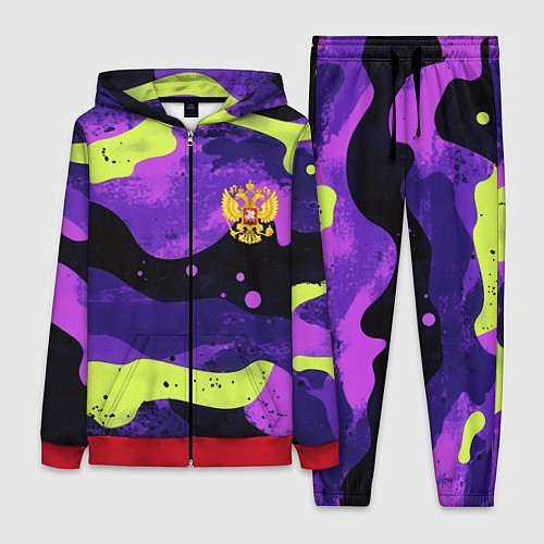 Женский костюм Черно-фиолетовый камуфляж и золотой герб РФ / 3D-Красный – фото 1