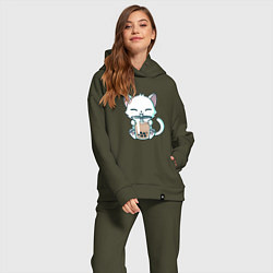 Женский костюм оверсайз Котик с бабл ти, цвет: хаки — фото 2