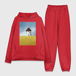 Женский костюм оверсайз Ветряная мельница в поле, цвет: красный