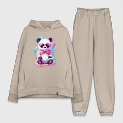 Женский костюм оверсайз Милая панда в розовых очках и бантике, цвет: миндальный