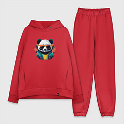 Женский костюм оверсайз Стильная панда в очках, цвет: красный