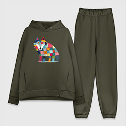 Женский костюм оверсайз Funny wolf - patchwork ai art, цвет: хаки