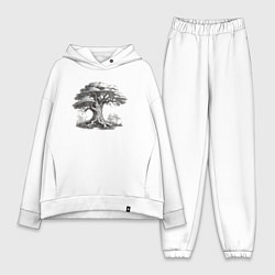 Женский костюм оверсайз Дерево скетч черно-белый, цвет: белый
