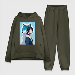 Женский костюм оверсайз Мечтательная девчонка и волк - нейроарт, цвет: хаки