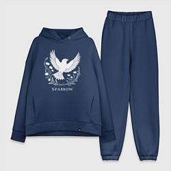 Женский костюм оверсайз Летящий воробей с цветами, цвет: тёмно-синий