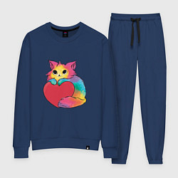 Костюм хлопковый женский Влюбленный котик держит сердце, цвет: тёмно-синий