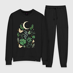 Костюм хлопковый женский Луна, грибы, листья и бабочки, цвет: черный