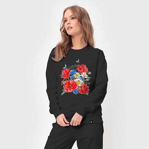 Женский костюм Летний букет мак василек ромашка цветы лето / Черный – фото 3