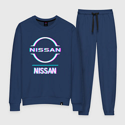 Костюм хлопковый женский Значок Nissan в стиле glitch, цвет: тёмно-синий