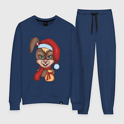 Костюм хлопковый женский Кролик новогодний в шапке Деда Мороза с подарком, цвет: тёмно-синий