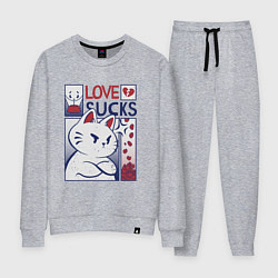 Костюм хлопковый женский Cat love sucks, цвет: меланж