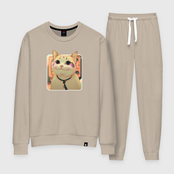 Костюм хлопковый женский Cat smiling meme art, цвет: миндальный