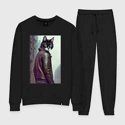 Костюм хлопковый женский Модный котяра - Лондон - нейросеть, цвет: черный
