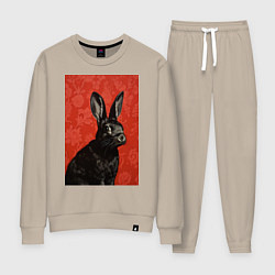 Костюм хлопковый женский Черный кролик на красном фоне, цвет: миндальный