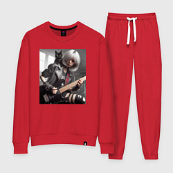 Костюм хлопковый женский Девчонка рок гитарист с чёрным котом, цвет: красный