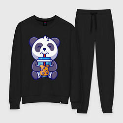 Костюм хлопковый женский Drinking panda, цвет: черный