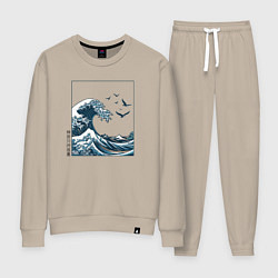 Костюм хлопковый женский Большая волна в стиле японской картины винтаж, цвет: миндальный