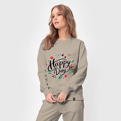 Костюм хлопковый женский Happy day с цветами, цвет: миндальный — фото 2