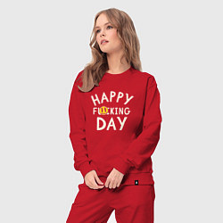 Костюм хлопковый женский Happy f**king day - надпись и смайл, цвет: красный — фото 2