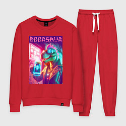 Костюм хлопковый женский Cool dude Dino with a mug of beer - ai art, цвет: красный