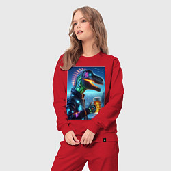 Костюм хлопковый женский Крутой неоновый пивозавр в мегаполисе - киберпанк, цвет: красный — фото 2