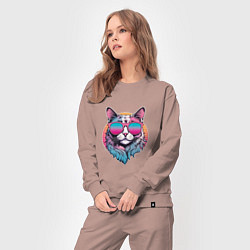 Костюм хлопковый женский Ретро кот в розовых солнечных очках Vaporwave, цвет: пыльно-розовый — фото 2