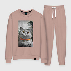 Костюм хлопковый женский Мемный кот в японском стиле, цвет: пыльно-розовый