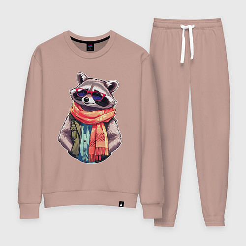 Женский костюм Модный енот в очках и шарфе / Пыльно-розовый – фото 1