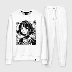 Костюм хлопковый женский Аниме девушка портрет черно-белый, цвет: белый