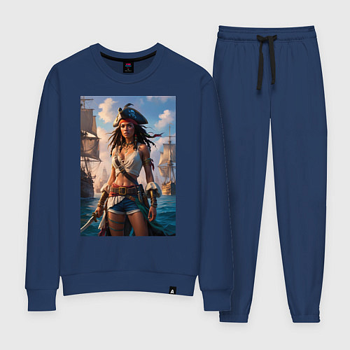 Женский костюм Пиратка на фона флотилии кораблей / Тёмно-синий – фото 1