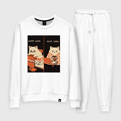 Костюм хлопковый женский Work hard rest hard cat, цвет: белый