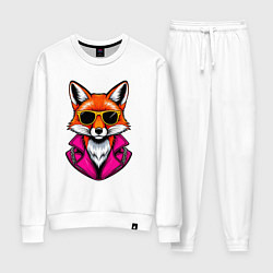 Костюм хлопковый женский Лиса в очках и розовой куртке, цвет: белый