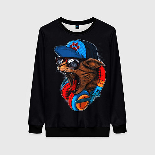 Женский свитшот Кот диджей тусовщик хипстер / 3D-Черный – фото 1